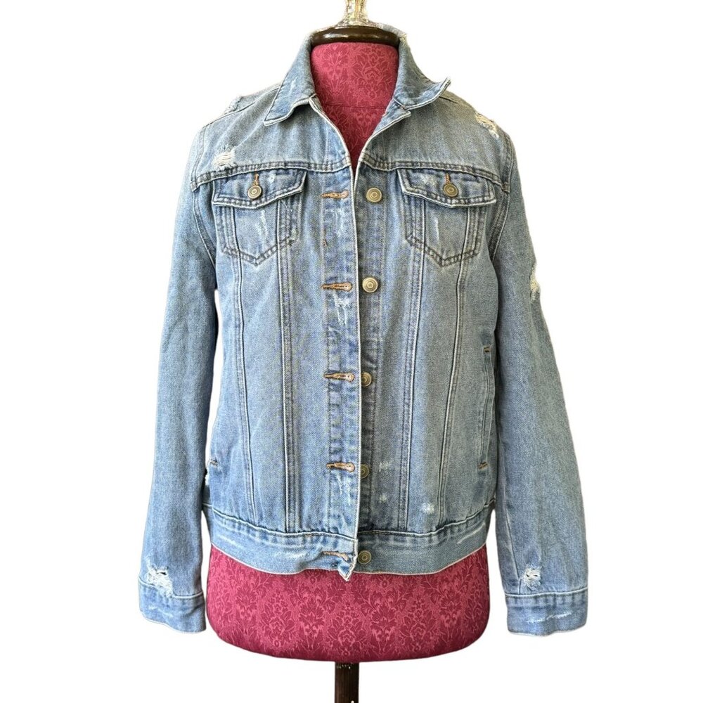 Five by Five Distressed "Permanently Don't Care" Denim Jacket